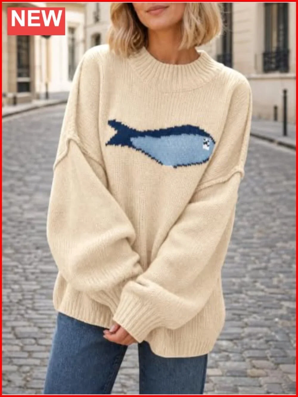 Womens Chunky Knit Mock Neck Sweater Fish Graphic Oversized Pullover